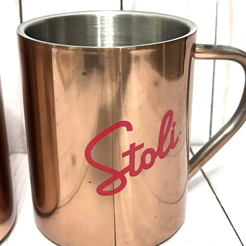 STOLI VODKA Moscow Mule Mugs COPPER OVER STAINLESS STEEL - 4” Tall - Set Of 2